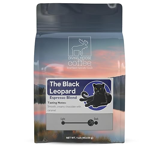 Diving Moose Coffee - The Black Leopard Espresso 4-Bean Blend Dark Roast (16oz / 1 LB) - Chocolate Caramel Smooth Specialty Grade Small-Batch Roasted