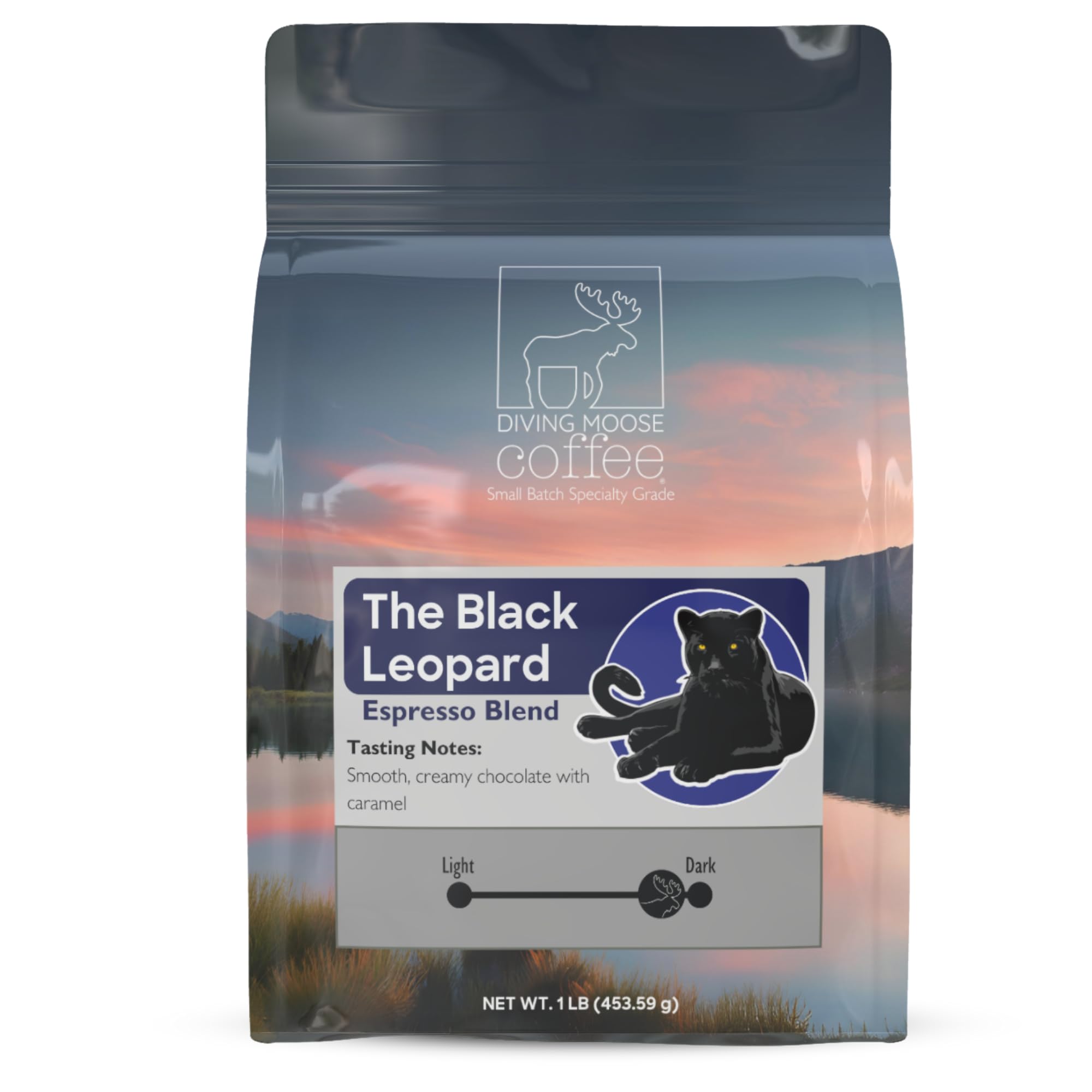 Diving Moose Coffee - The Black Leopard Espresso 4-Bean Blend Dark Roast (16oz / 1 LB) - Chocolate Caramel Smooth Specialty Grade Small-Batch Roasted