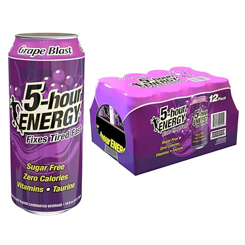 5-hour ENERGY Extra Strength Energy Drink | Grape Flavor 16 oz. Cans 12 Count Sugar-Free & Zero Calories Vitamins Amino Acids Contains Carbonation