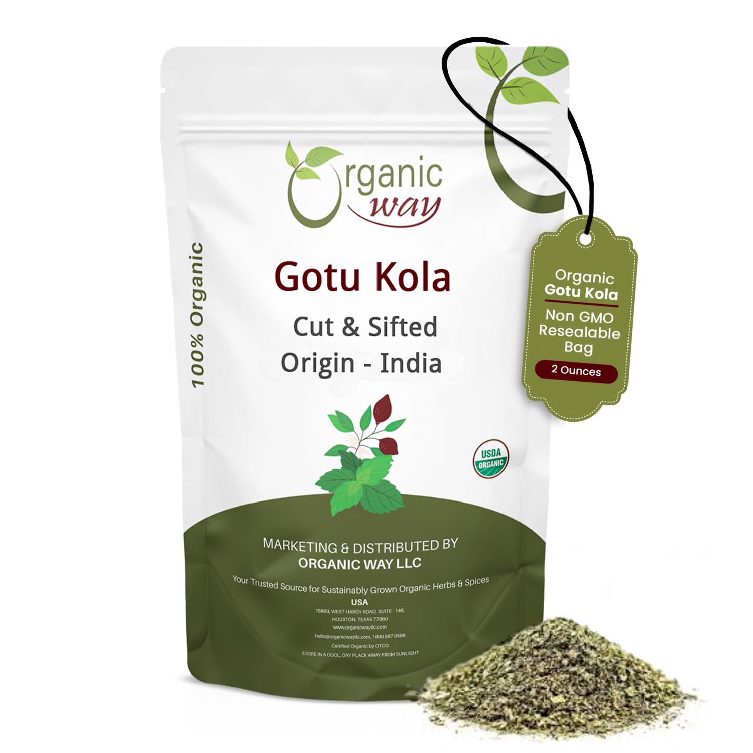 Organic Way Dried Gotu Kola Cut & Sifted (Centella asiatica) - Kosher & USDA Certified | Vegan, Non-GMO & Gluten Free | Tested for Heavy Metal