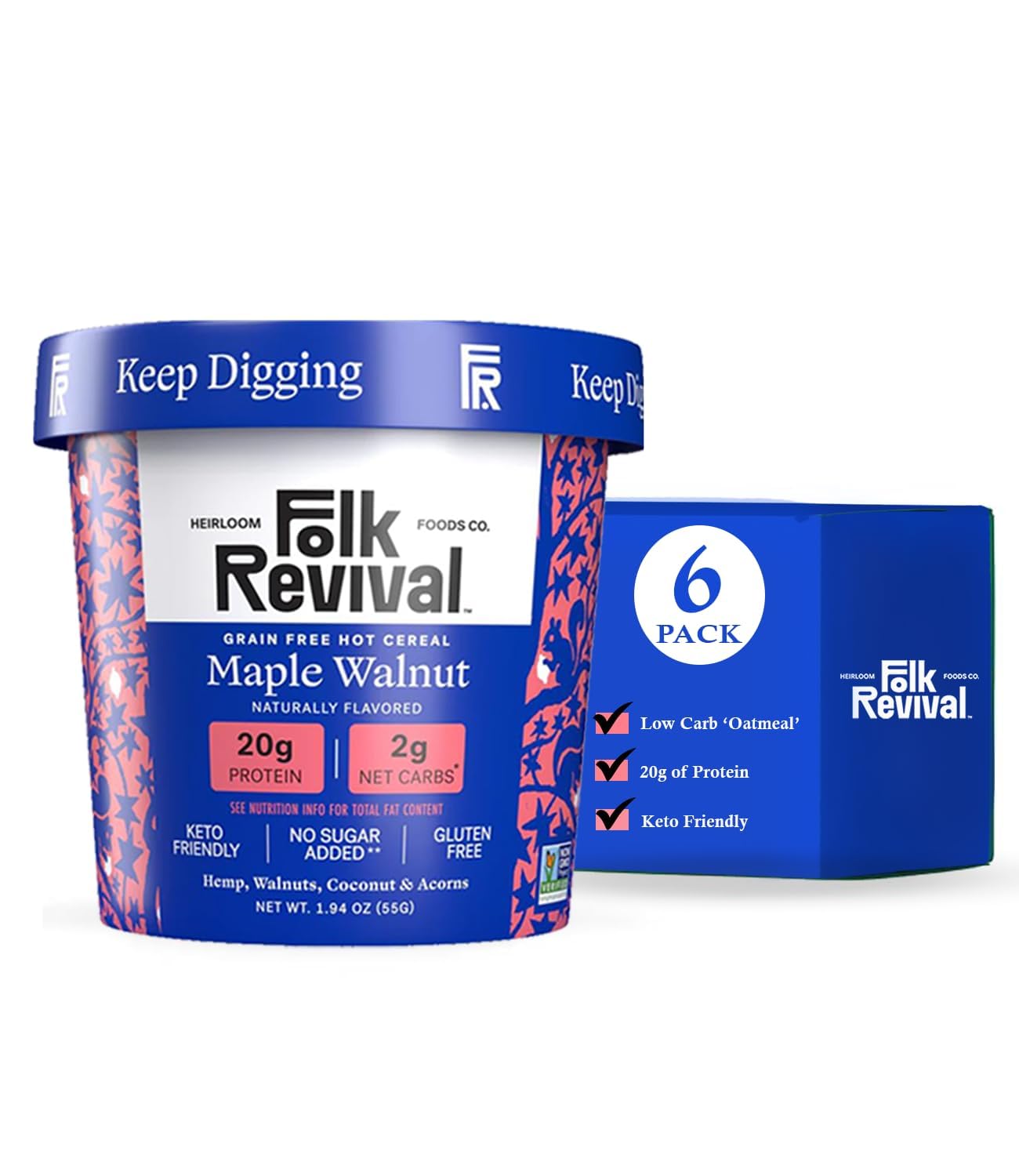 Folk Revival Maple Walnut Keto Instant 'Oatmeal' - 20g Protein, 2g Net Carbs, High Fiber, Non GMO, Gluten Free, Made with Acorns - 6 Cups Per Case