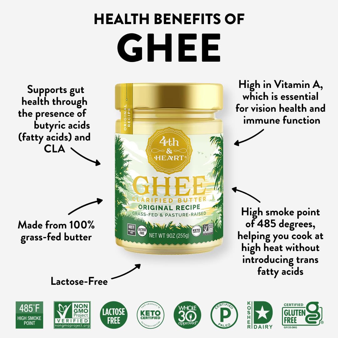 4th & Heart Original Grass-Fed Ghee, Clarified Butter, 100% Butter Fat, Pasture-Raised, Lactose & Casein Free, High Smoke Point Cooking Oil, Keto