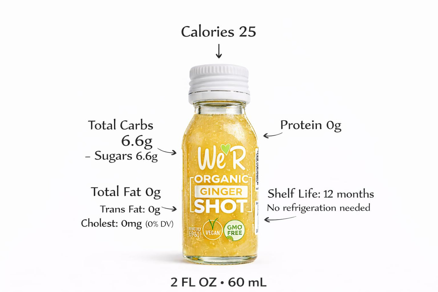 WE'R Organic GINGER Shot Certified Organic & Non-GMO. 2Fl Oz Each (12 Pack / 24Fl Oz Total)