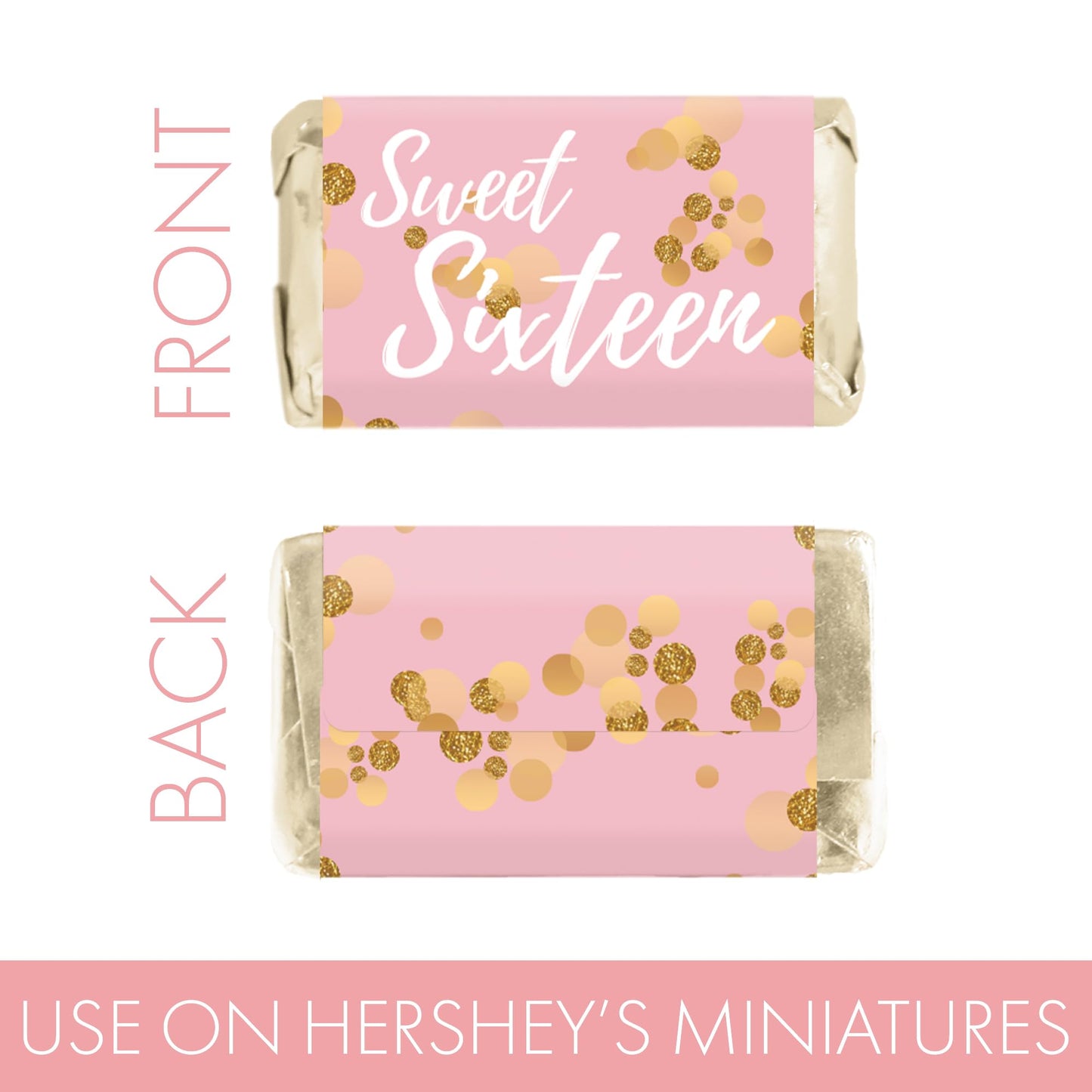 DISTINCTIVS Pink and Gold Sweet 16 Mini Candy Bar Wrappers - 42 Count - Sweet Sixteen Birthday Party Favors for Girls