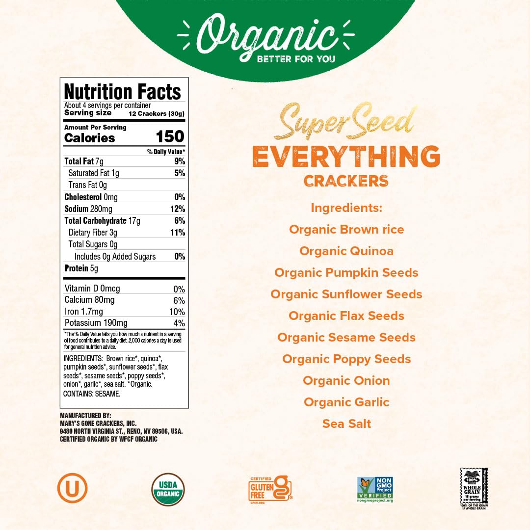 Mary's Gone Crackers Super Seed Crackers, Everything, 4 Ounce (Pack of 1), Organic Plant Based Protein, Gluten Free