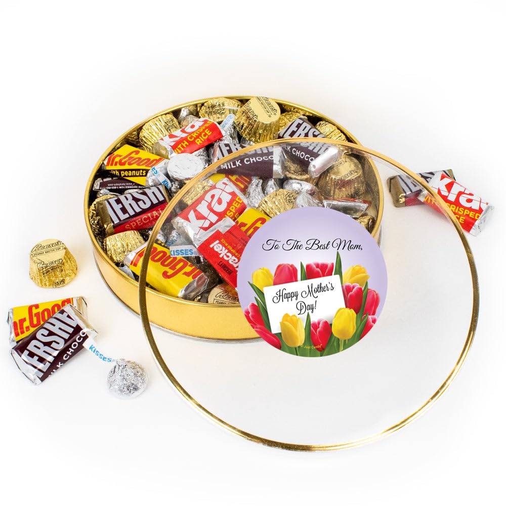 Mother's Day Candy Gift Tin (Plastic Tin with Approx. 1lb Candy, 60 pieces) Kisses Chocolate, Miniatures & Peanut Butter Cups - Tulips