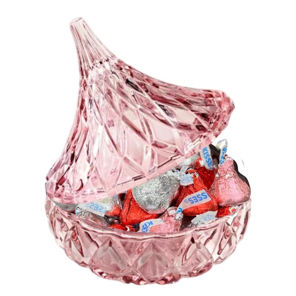MASHBOX Kisses VALENTINE'S DAY - 1 Pounds Kisses with Blush/Pink Crystal Kiss Candy Dish - Individually Wrapped Kisses Milk Chocolate - Best Gift Idea