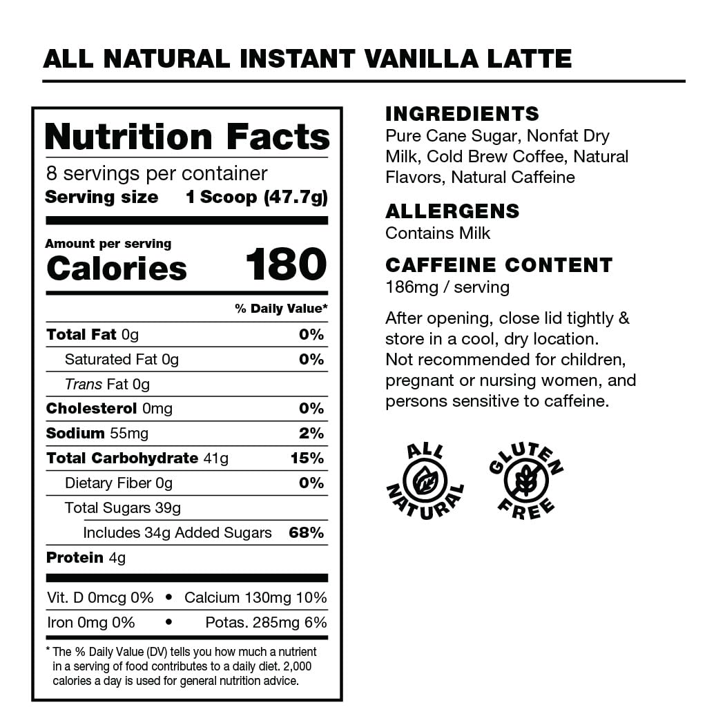Premium All-Natural Vanilla Flavored Instant Coffee Cold Brew Latte Mix - 8 Servings - High Caffeine, Rich & Flavorful, Gluten-Free, Convenient |
