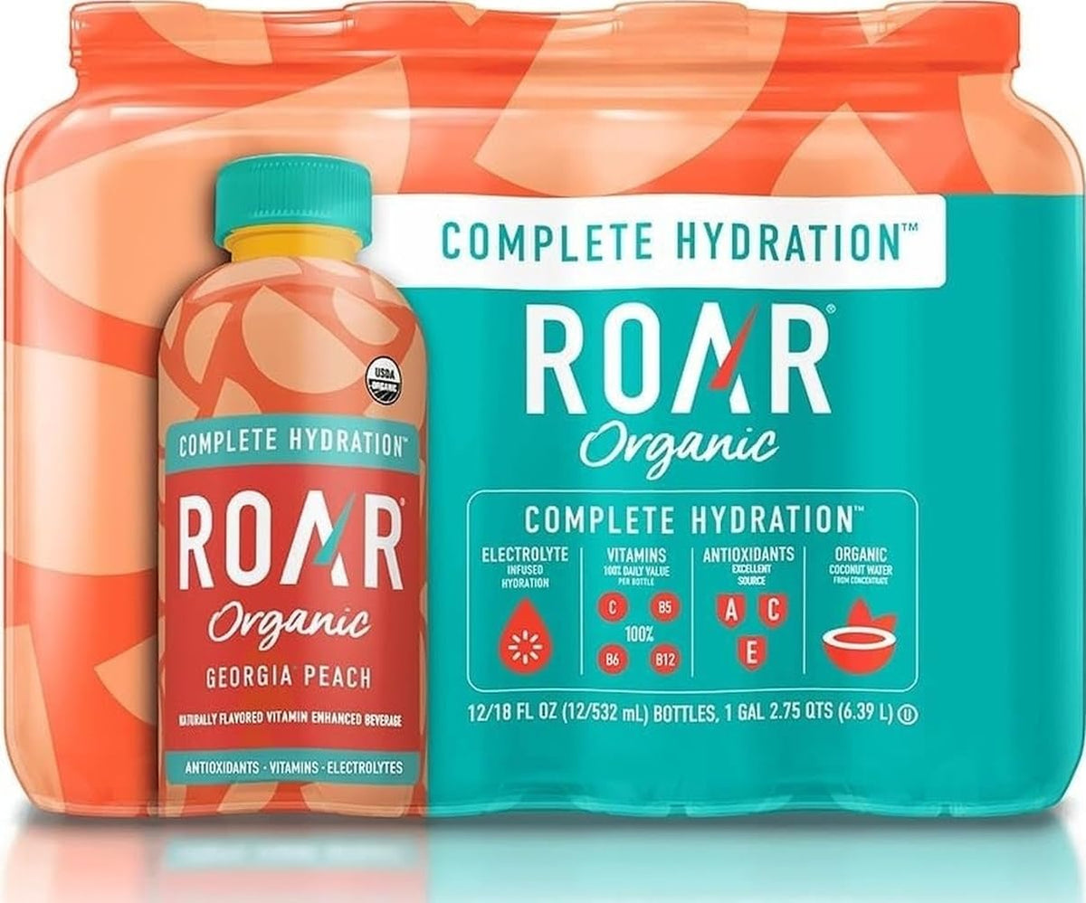 Roar Organic Georgia Peach Enhanced Beverage, Vegan, 18 Fluid Ounces (Pack Of 12)