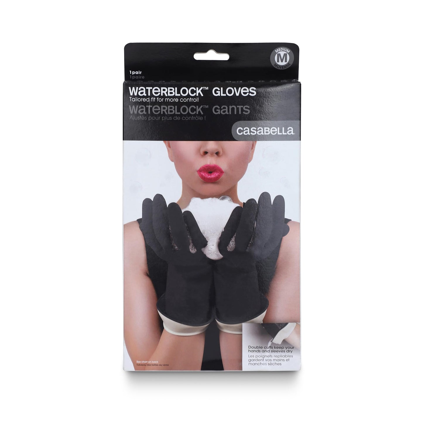 Casabella Premium Waterblock Latex Cleaning Gloves with Tapered Fit & Double Cuff, Breathable - Black - 6 Pack