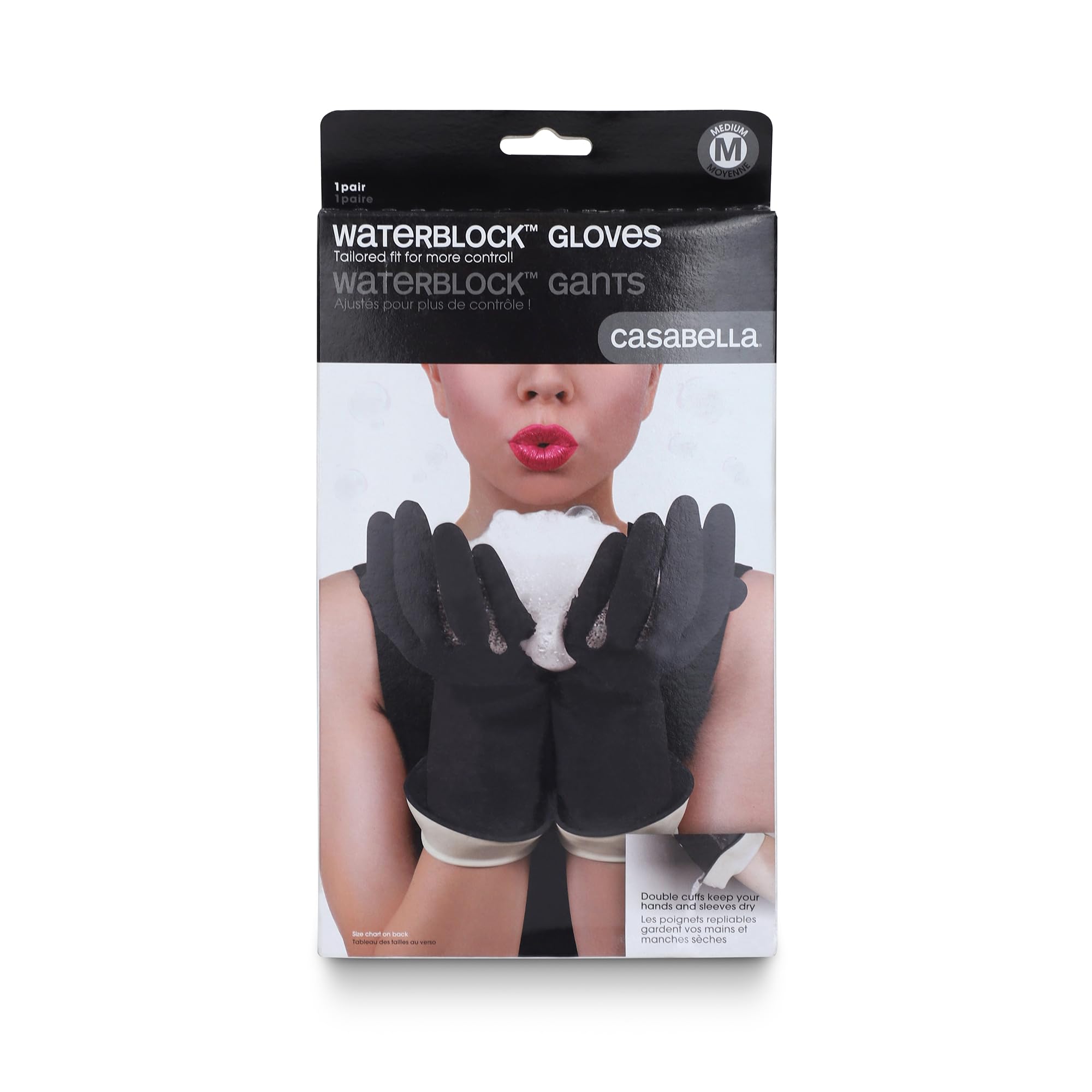 Casabella Premium Waterblock Latex Cleaning Gloves with Tapered Fit & Double Cuff, Breathable - Black - 6 Pack