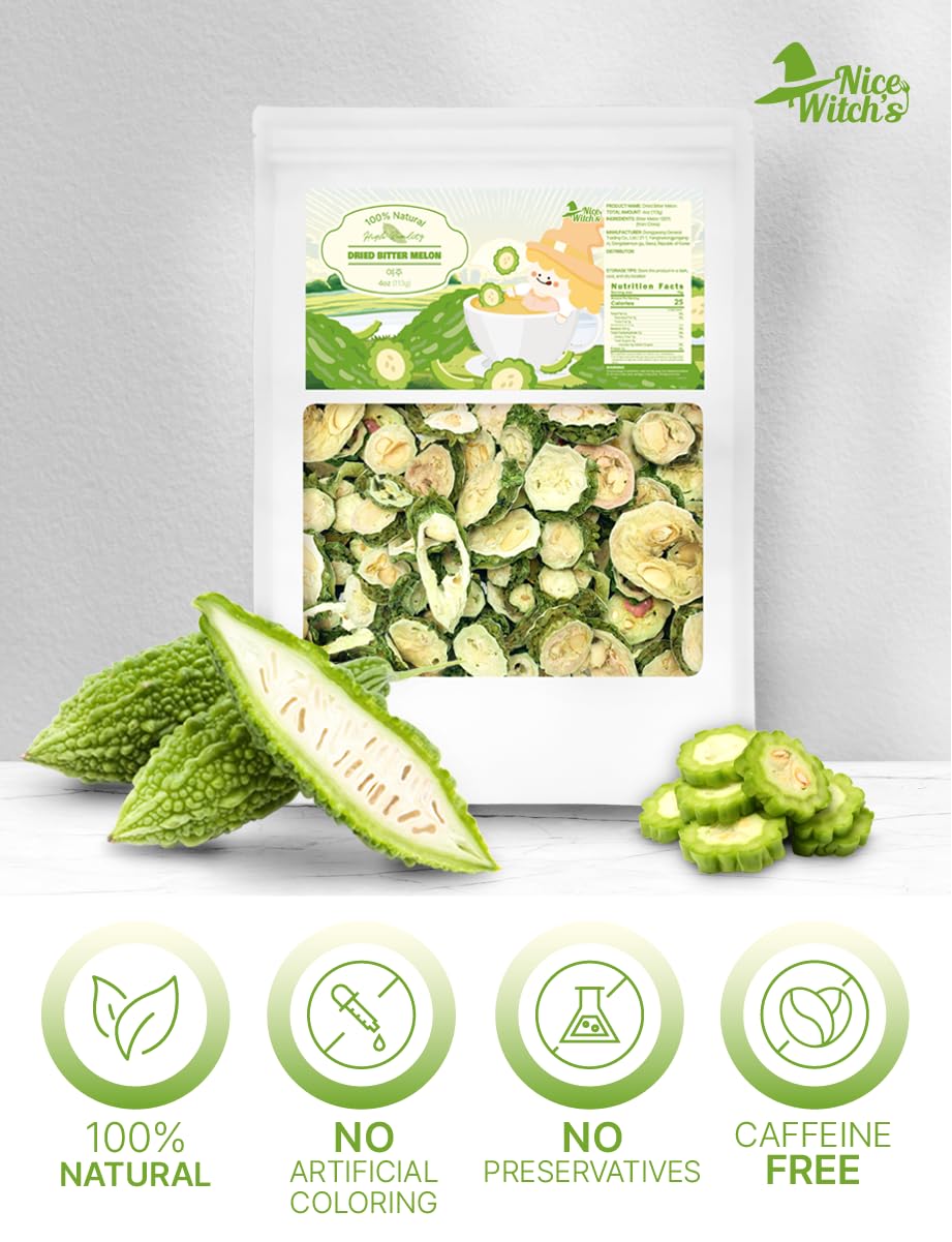 Nice Witch’s Dried Bitter Melon Slices for Tea, Natural Bitter Gourd (Momordica Charantia), Herbal Tea Ingredient, 4 oz (113g)