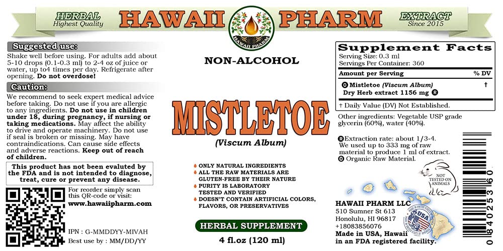 Hawaii Pharm Mistletoe Alcohol-Free Liquid Extract, Professional Grade, Small Batch Crafted Mistletoe (Viscum Album) Dried Herb Glycerite Natural