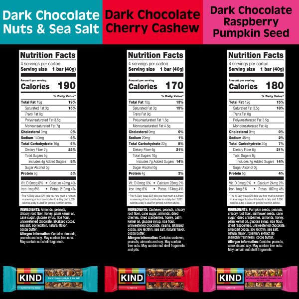 KIND Healthy Snacks Bars Variety Pack, Gluten Free, High Fiber Snacks, Dark Chocolate Nuts & Sea Salt, Dark Chocolate Cherry Cashew, Dark Chocolate