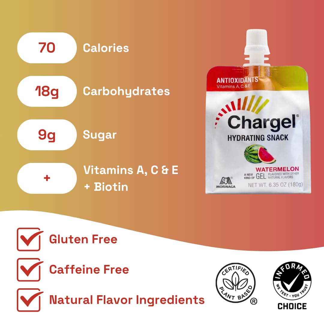 Chargel Watermelon | Antioxidant Gel Drink & Hydrating Snack | Caffeine-Free Instant Energy Gel with Vitamins, A, C & E, Biotin | Gluten Free | Pack