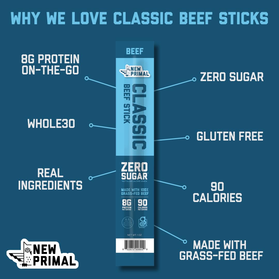 The New Primal Classic Beef Meat Stick, Whole30 Approved, Paleo, Keto, Pantry Staple, Certified Gluten Free, Low Carb, High Protein Snack, Sugar Free