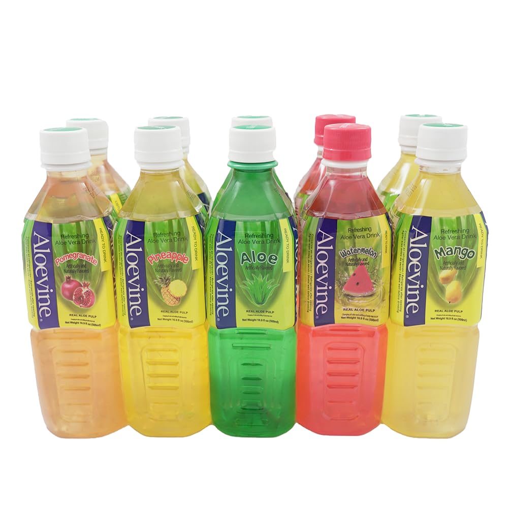 Aloevine Aloe Vera Drink juice l variety |16.9 oz. pack of 10 l 2 original, 2 watermelon, 2 mango, 2 pomegranate, 2 pineapple | plant based Vegetable