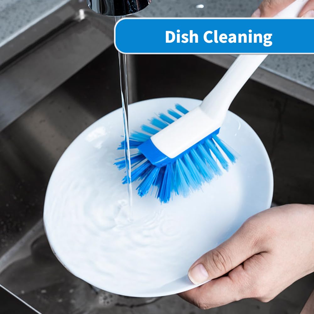 2 Pack Long Handle Kitchen Cleaning Brush with Built-in Scraper, Hard Bristle Dish Scrubber for Pots, Pans, Non-Stick Cookware, Sinks, Countertops