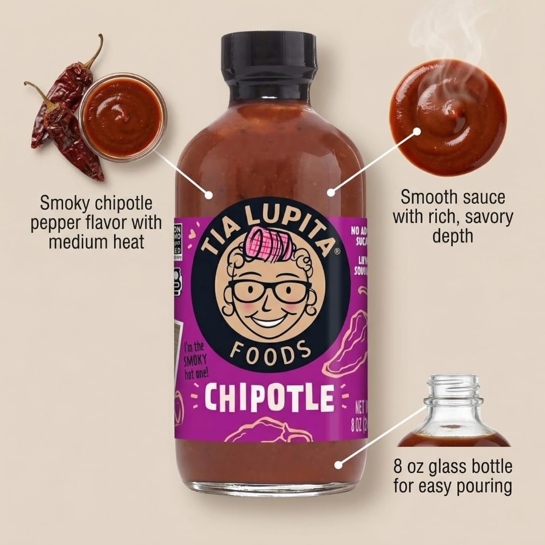 Tia Lupita Foods Chipotle Hot Sauce 8 oz - Pack of 2 - Smoky Pepper Condiment for Pico de Gallo and Salsa Verde - Serrano Flavor Table Condiment