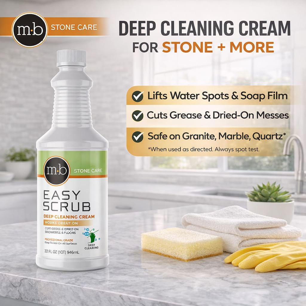 MB Stone Granite, Quartz Marble, Stone Countertop Cleaner for Countertops Showers Floors, Removes Water Spots, Soap, Film, Grease, Easy Scrub Deep