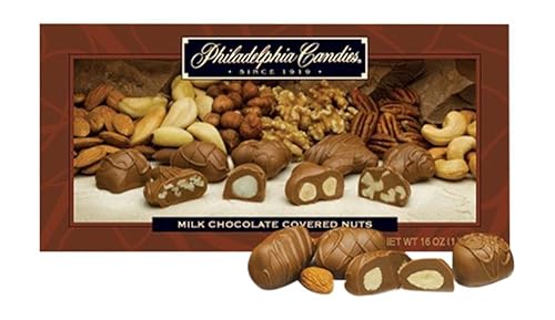 Philadelphia Candies Milk Chocolate Covered Assorted Nuts, 1 Pound Gift Box (Almond, Brazil, Cashew, Hazelnut, Pecan, Walnut)