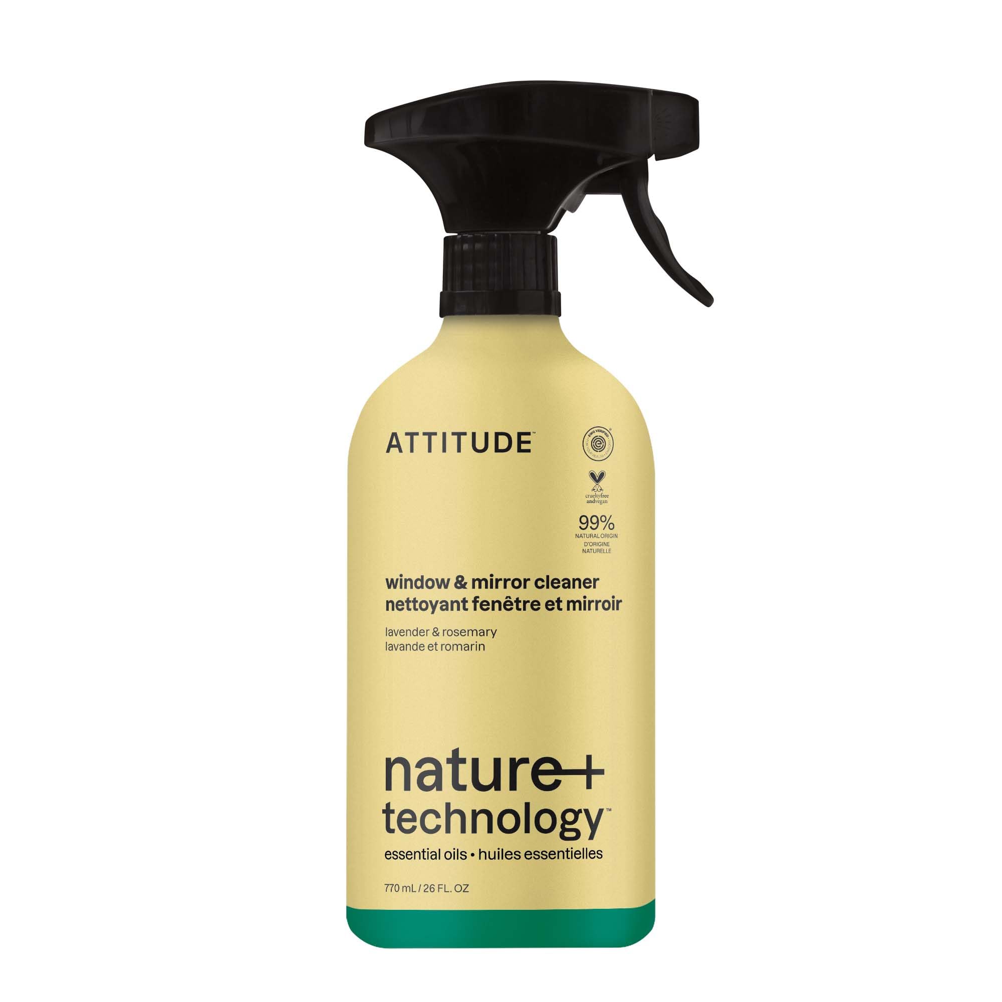 ATTITUDE Window & Mirror Cleaner Spray, Plant-Based Ingredients, EWG Verified, Streak Free, Removes Fingerprints, Dust and Dirt, Lavender & Rosemary