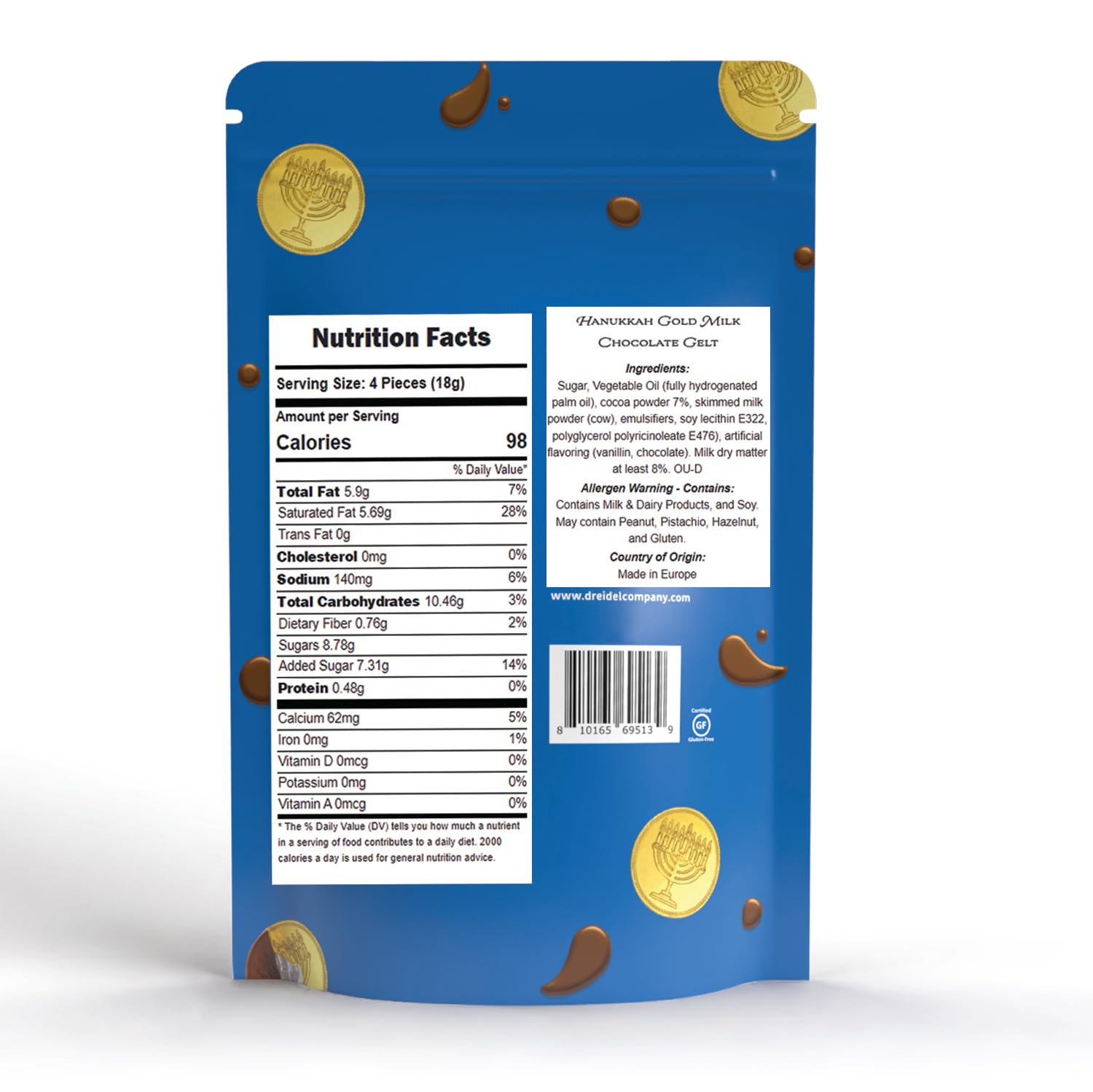 The Dreidel Company Hanukkah Chocolate Gelt, 24-Mesh Bags of Milk Chocolate Coins, Kosher Certified OU-D Dairy Dreidel and Menorah Design Chanukah