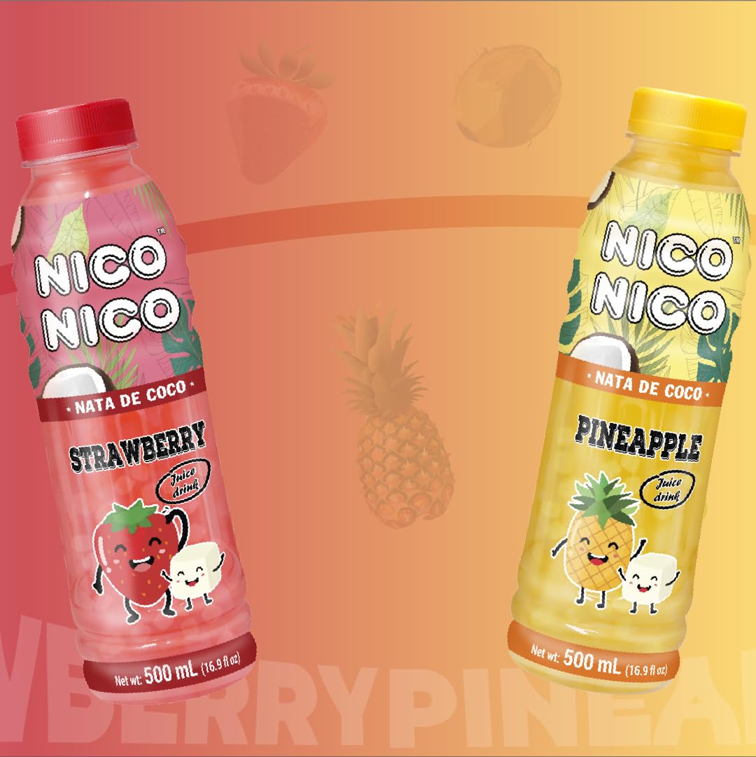 NICONICO COCONUT GEL JUICE DRINK-VARIETY PACK [16.9 fl oz, Pack of 12 (3 bottle of each Mango/Lychee/Strawberry/Pineapple)] Refreshing 30% Fruit Juice