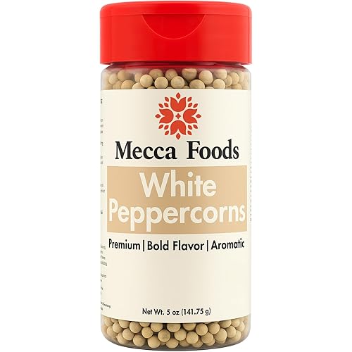 Mecca Foods Premium Whole White Peppercorns 5 oz - Gourmet White Pepper for Cooking, Seasoning & Marinades - Fresh Aroma in PET Jar