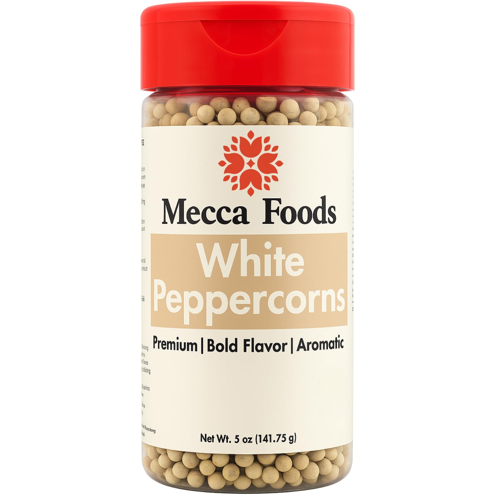 Mecca Foods Premium Whole White Peppercorns 5 oz - Gourmet White Pepper for Cooking, Seasoning & Marinades - Fresh Aroma in PET Jar