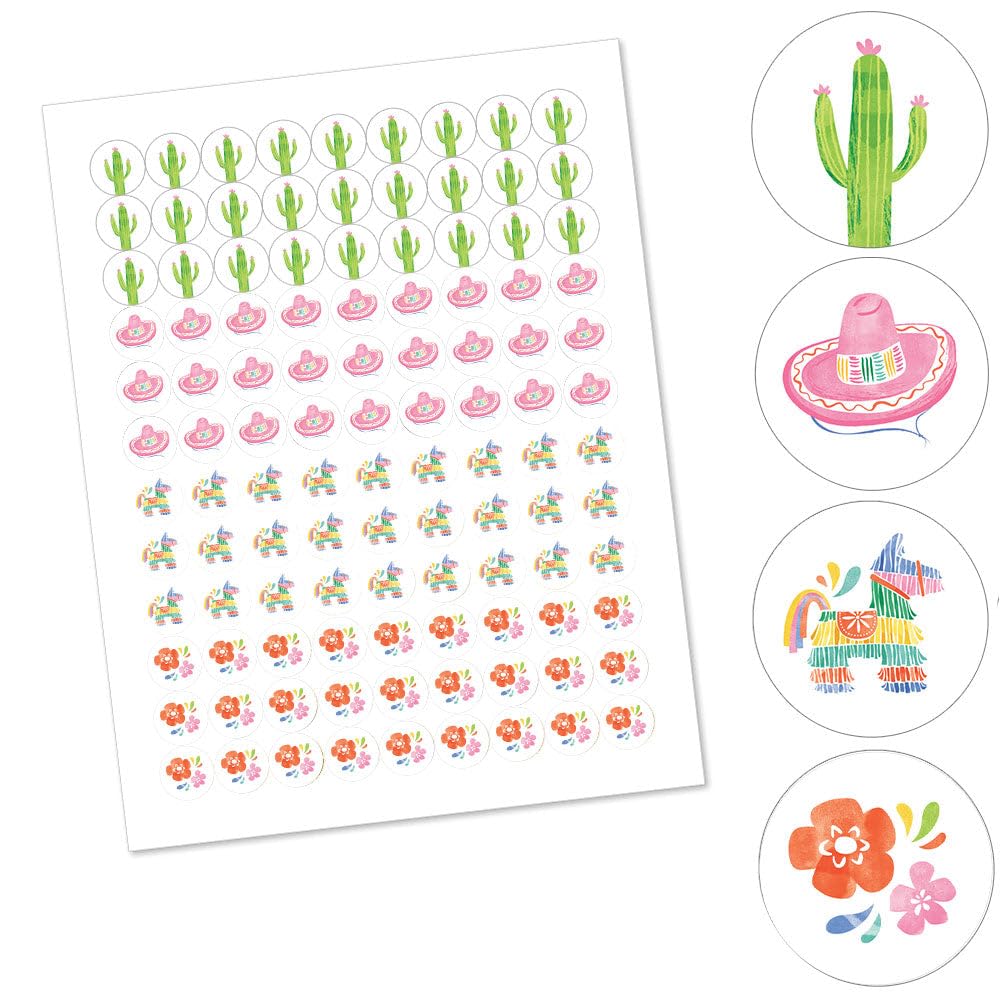 Big Dot of Happiness Mini Fiesta Stickers, Mexican Themed Party Round Candy Sticker Favors - Small Labels Fit Chocolate Candy (1 Sheet of 108)
