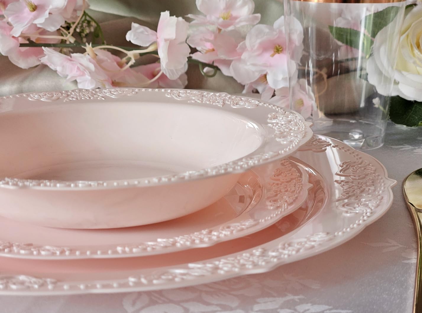" OCCASIONS " 60 Piece Plates Pack, Vintage Party, Disposable Wedding Party Plastic Bowls (10oz Soup Bowl, Portofino in Light Pink)