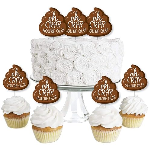 Big Dot of Happiness Oh Crap, You're Old - Dessert Cupcake Toppers - Poop Birthday Party Clear Treat Picks - Set of 24