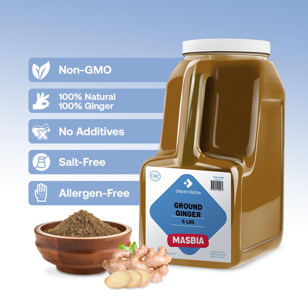 Dependable Foods Ground Ginger Spice - 5 Lb. Bulk Jar - Non-GMO, Kosher, Salt-Free, Allergen-Free| Zesty Spice Delight