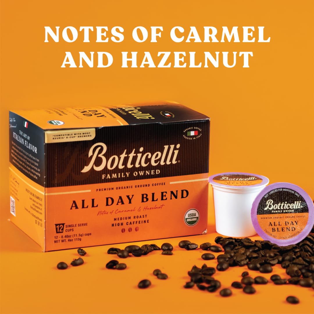 Botticelli USDA Organic All Day Blend Medium Roast Single Serve Coffee Pods, High Caffeine, Compatible with Most K-Cup Brewers, 12 Count, Notes