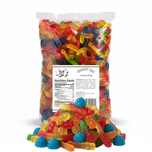 Gummy Candy Mix | 5 Pound Variety Pack | Gummy Bears, Worms,Blue and Red Raspberries | Assorted Fruit Flavors for Parties, Goodie Bags, Buffets