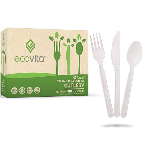 Ecovita 100% Compostable Forks Spoons Knives Cutlery Combo Set - 380 Large Disposable Utensils (7 in.) Eco Friendly Durable and Heat Resistant
