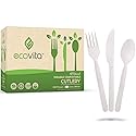 Ecovita 100% Compostable Forks Spoons Knives Cutlery Combo Set - 380 Large Disposable Utensils (7 in.) Eco Friendly Durable and Heat Resistant