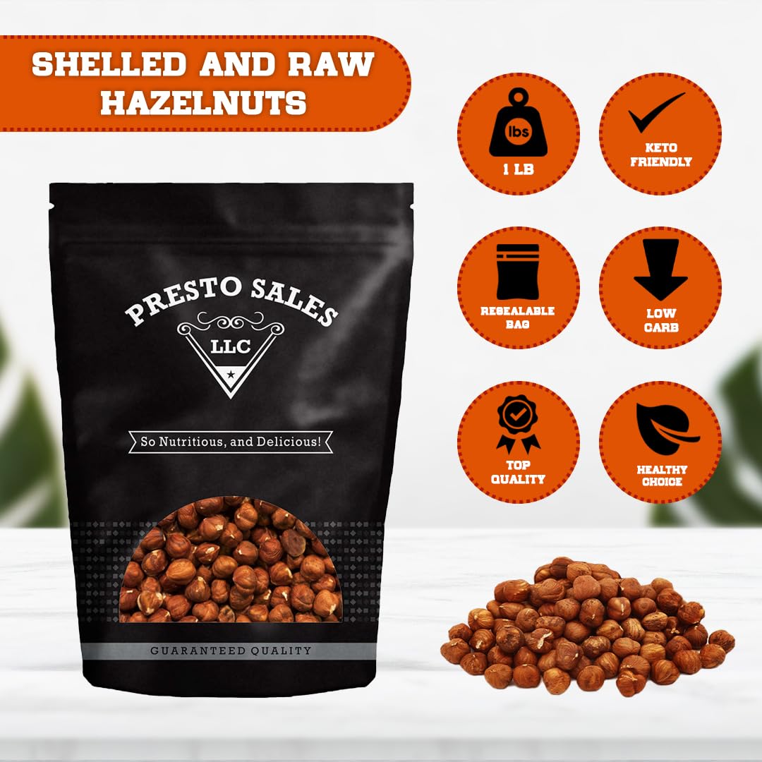 Presto Sales Large Shelled Hazelnuts Raw (AKA Filberts) 16 oz. | Non-GMO, Natural Healthy Protein Snack | Keto/Paleo Friendly | Resealable 1 lb bag