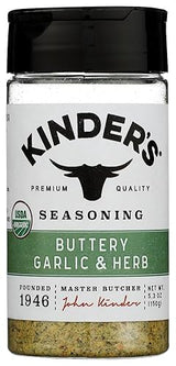 Kinder's Organic Buttery Garlic and Herb Seasoning, 5.3 Oz, Butter, Garlic, Herb & Lemon Blend, USDA Certified Organic, MSG Free, Great on Beef
