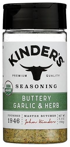 Kinder's Organic Buttery Garlic and Herb Seasoning, 5.3 Oz, Butter, Garlic, Herb & Lemon Blend, USDA Certified Organic, MSG Free, Great on Beef