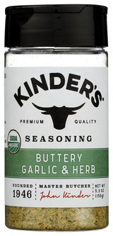Kinder's Organic Buttery Garlic and Herb Seasoning, 5.3 Oz, Butter, Garlic, Herb & Lemon Blend, USDA Certified Organic, MSG Free, Great on Beef
