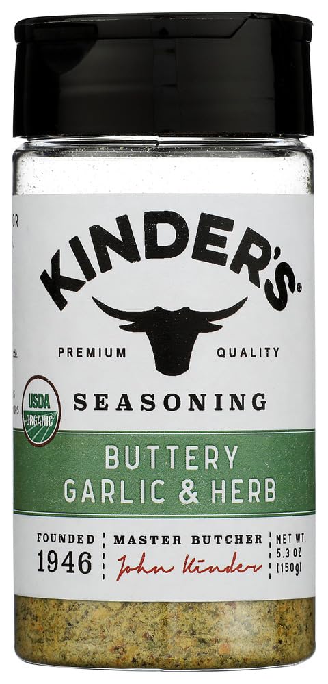 Kinder's Organic Buttery Garlic and Herb Seasoning, 5.3 Oz, Butter, Garlic, Herb & Lemon Blend, USDA Certified Organic, MSG Free, Great on Beef