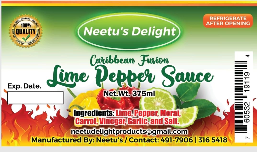 Neetu's Delight: Caribbean Fusion - Lime Pepper (Hot) Sauce 14.5oz (Net Wt. 375ml) | Full of Flavour | Medium Heat | Made with Scotch Bonnet Peppers |