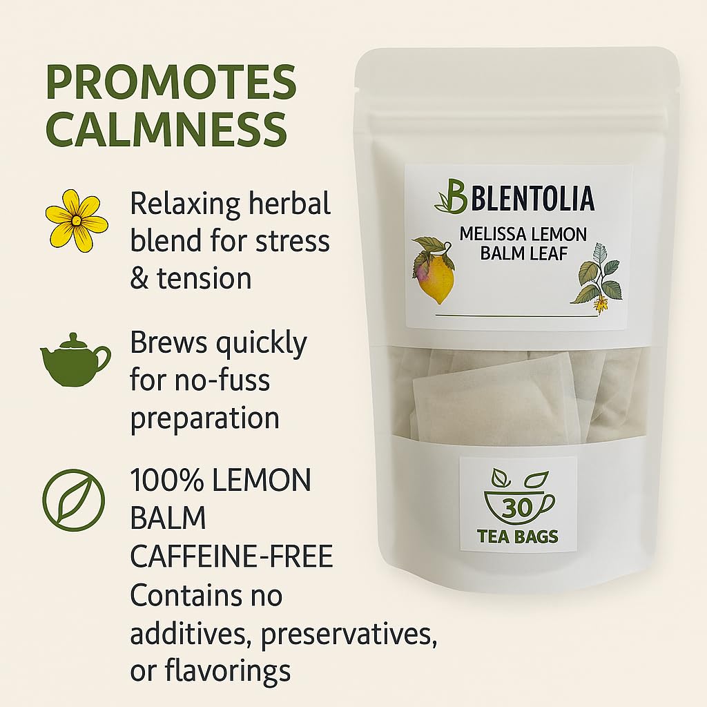 Blentolia Lemon Balm Tea - Melissa Officinalis Herbal Tea Bags - Calming & Soothing - 100% Natural Leaves - 30 Caffeine-Free Tea Bags