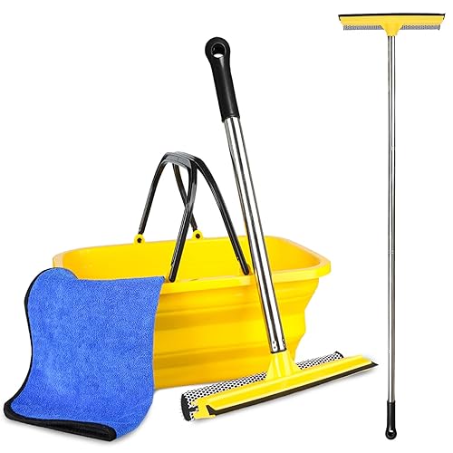 Windshield Car Squeegee and Collapsible Washing Bucket Combo Set, 2 in 1Window Squeegee with Long Handle