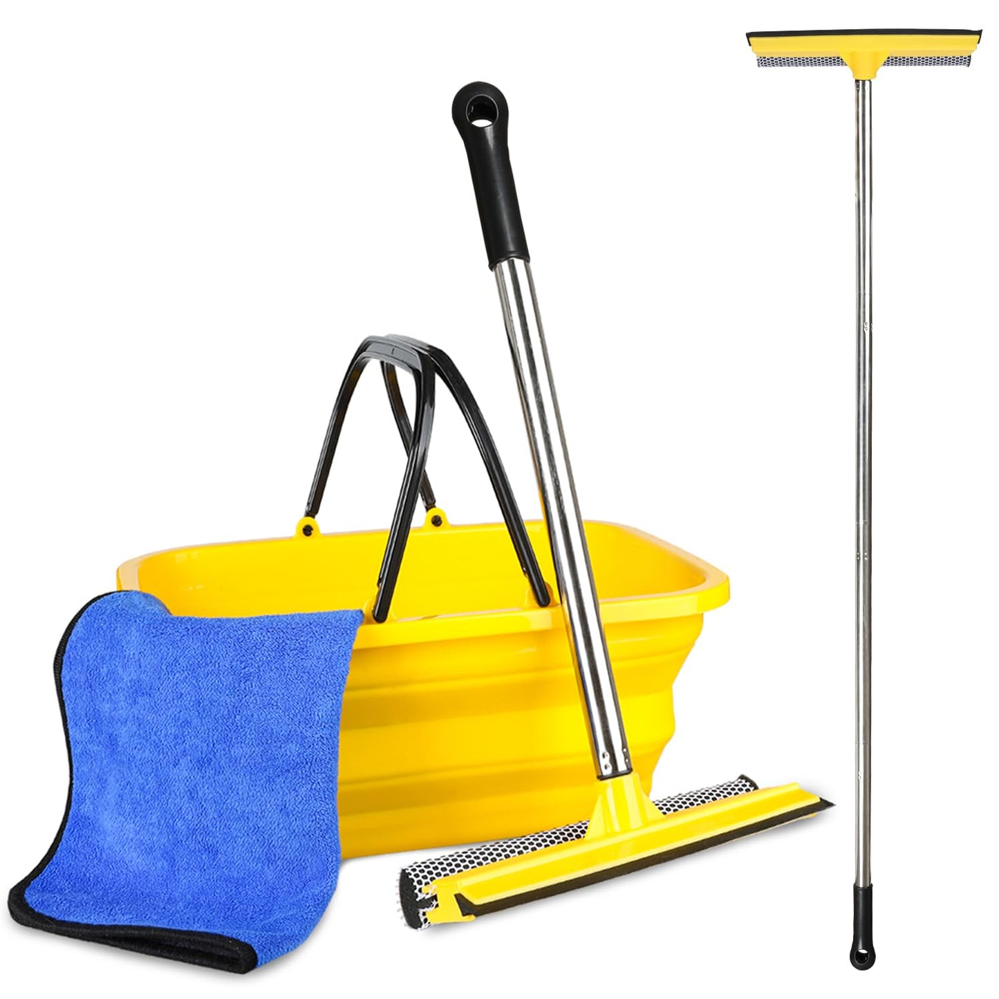 Windshield Car Squeegee and Collapsible Washing Bucket Combo Set, 2 in 1Window Squeegee with Long Handle