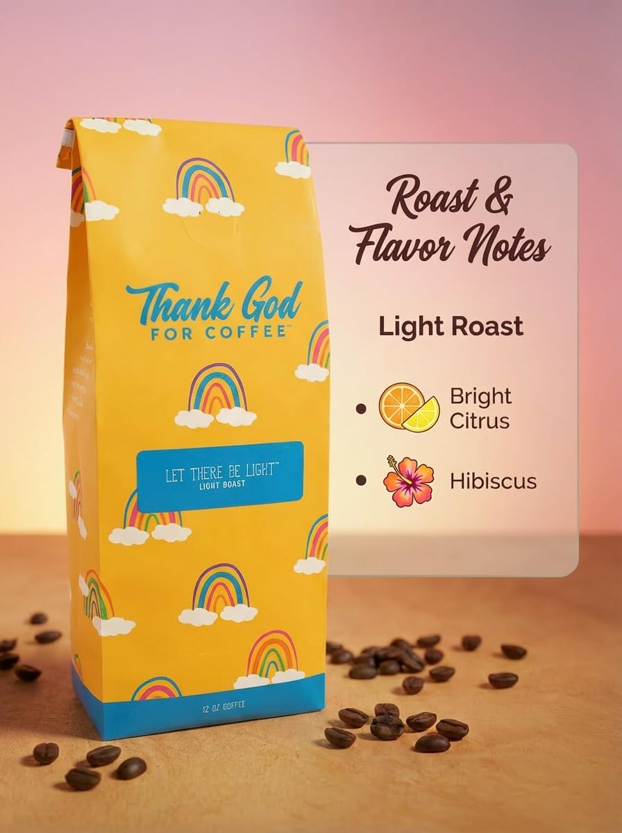 Thank God For Coffee Let There Be Light Light Roast Whole Bean Coffee, Single Origin Peru, Citrus & Hibiscus Notes, 12 oz