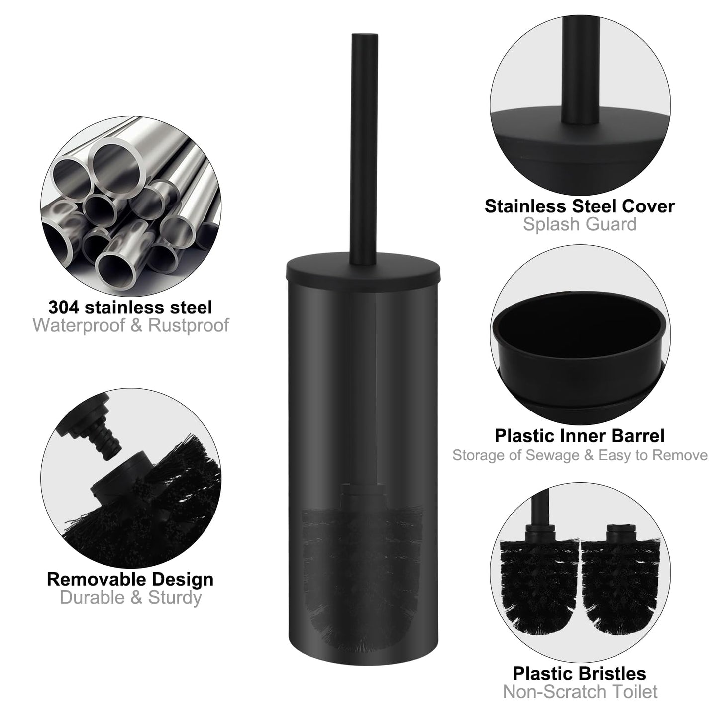 Toilet Brush and Caddy, Stainless Steel Toilet Bowl Brush and Holder, Toilet Bowl Cleaner Brush for Bathroom (Black)