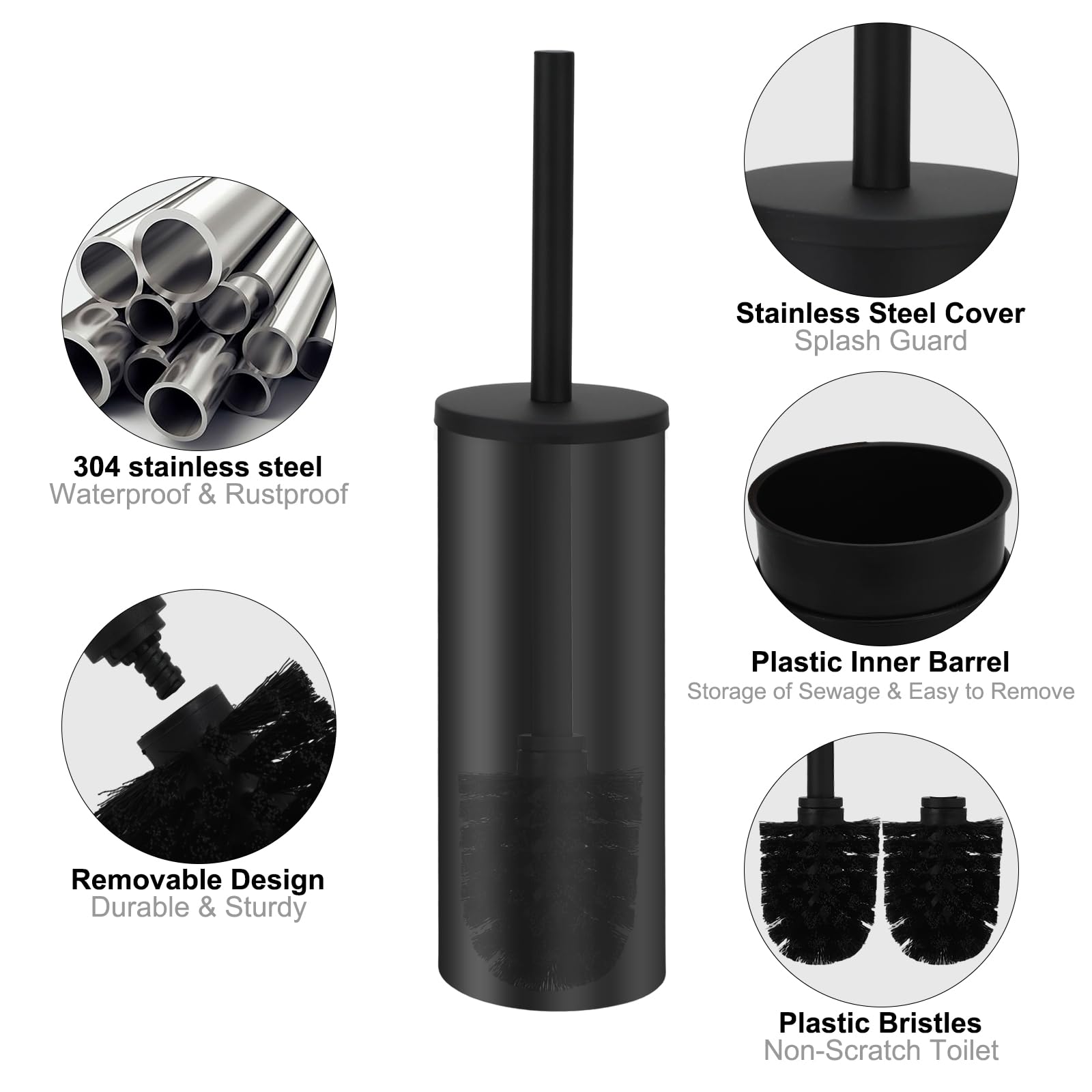 Toilet Brush and Caddy, Stainless Steel Toilet Bowl Brush and Holder, Toilet Bowl Cleaner Brush for Bathroom (Black)